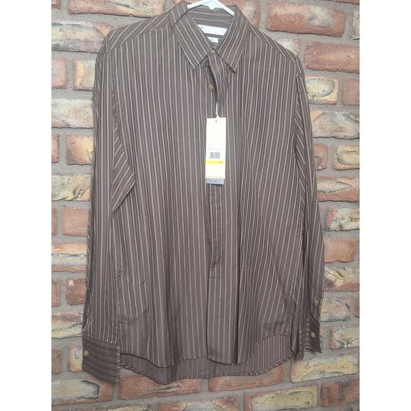 Perry Ellis Other - Perry Ellis Shirt Mens M Brown Striped Silk Blend Hidden Button Dress NWT